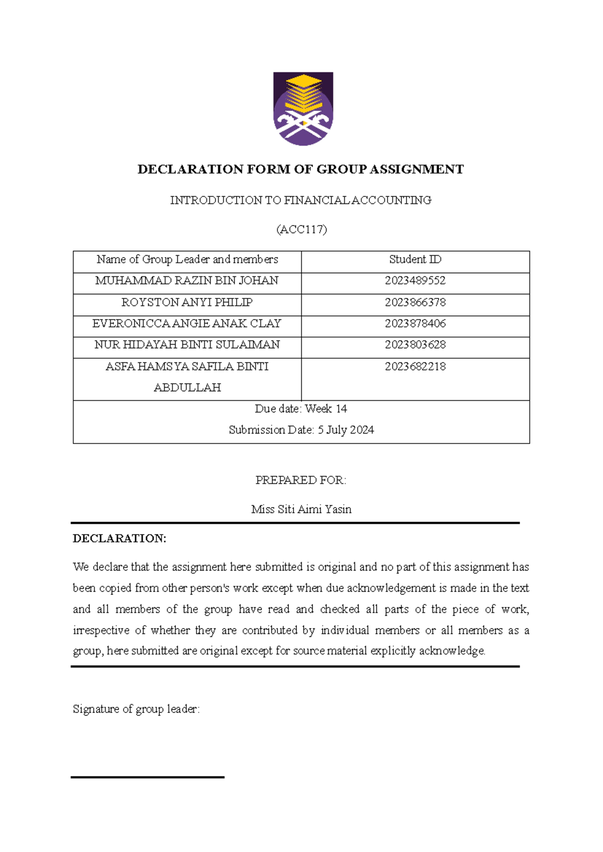 ACC117 Group Assignment 1 HM111C copy - DECLARATION FORM OF GROUP ...