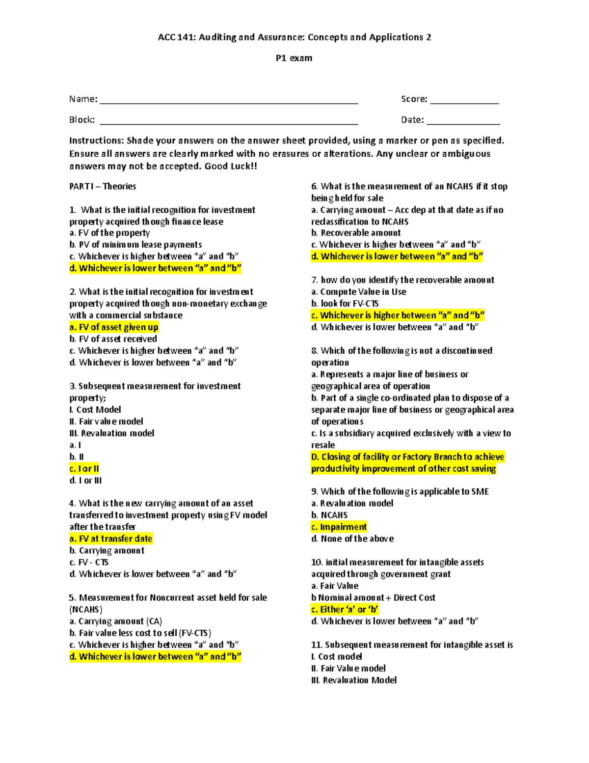ACC 141: Auditing & Assurance Concepts - P1 Exam Review - Studocu