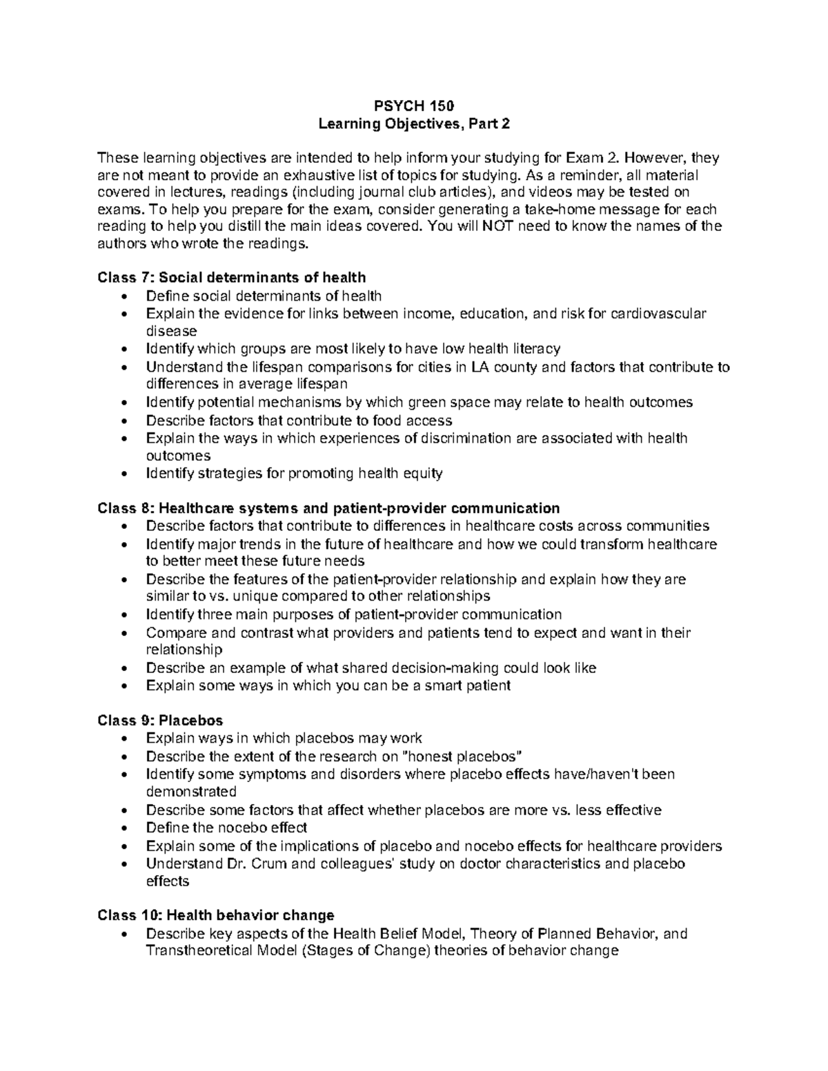 Learning Objectives for PSYCH 150: Exam 2 Review Guide - PSYCH 150 ...