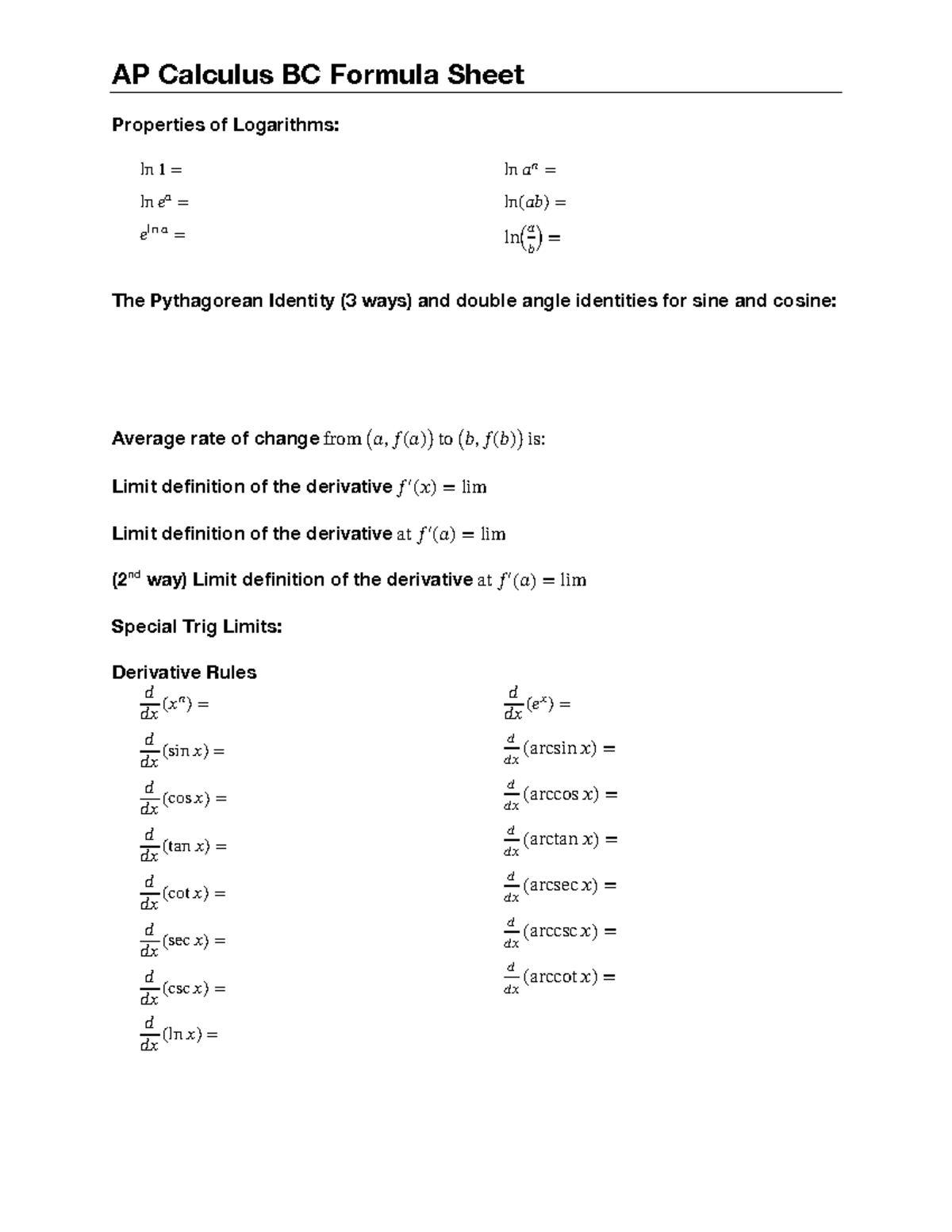 AP Calculus BC Formula Sheet: Key Concepts and Identities - Studocu