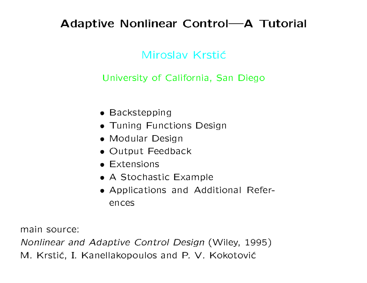 Adaptive Nonlinear - Krsti ́c, I. Kanellakopoulos and P. V. Kokotovi ́c ...