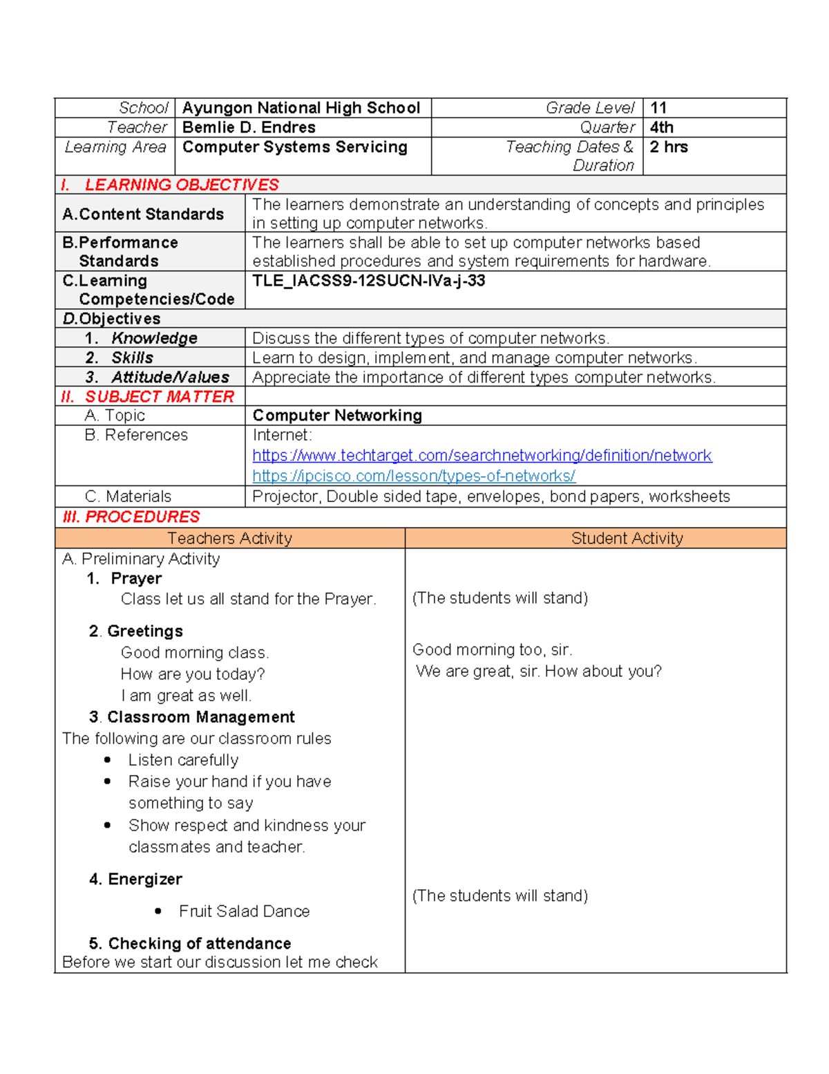 Bemlie Lesson PLAN Computer Networking - School Ayungon National High ...