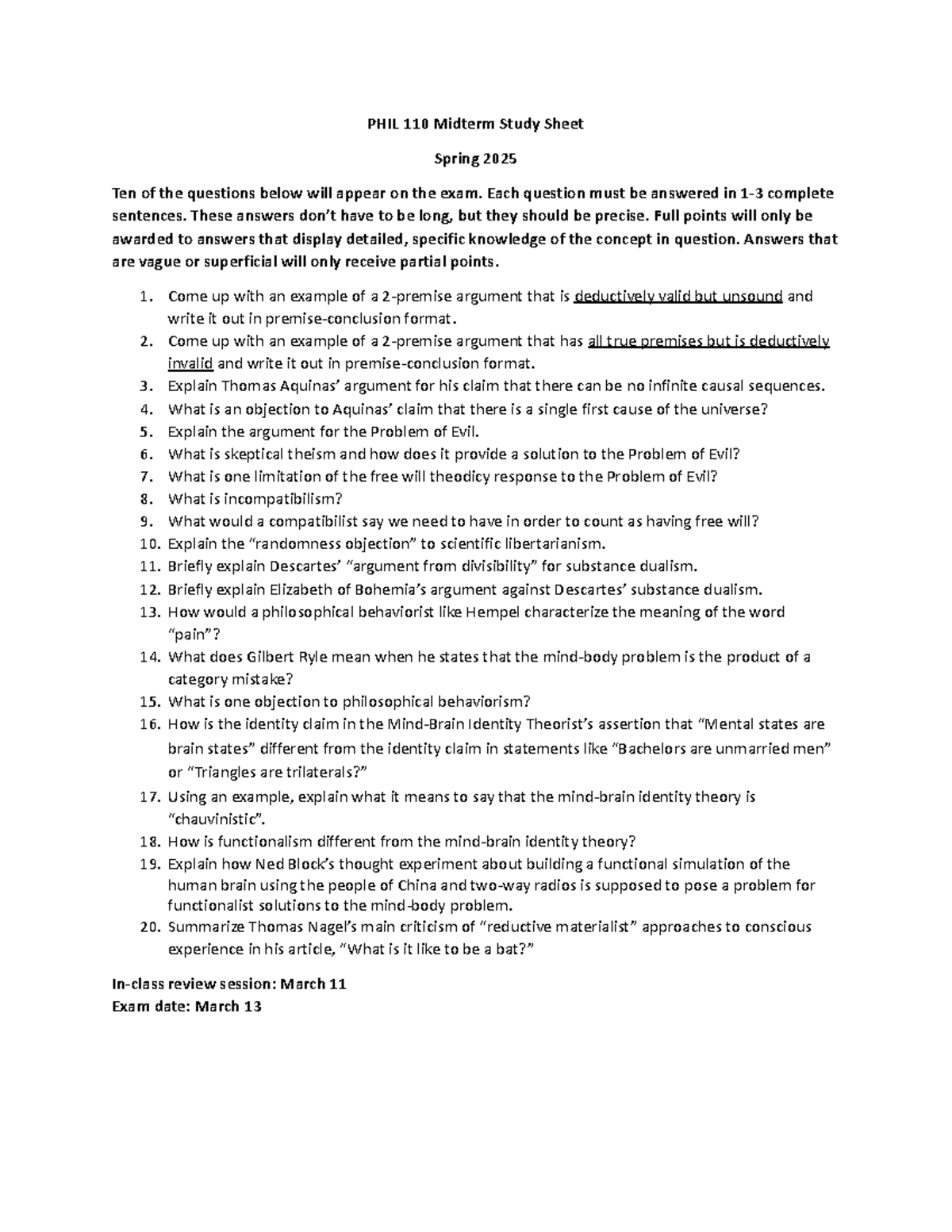 PHIL 110 Midterm Exam Study Guide Spring 2025 - Studocu