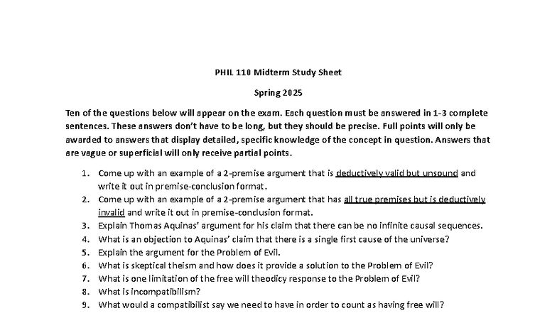 PHIL 110 Midterm Exam Study Guide Spring 2025 - Studocu