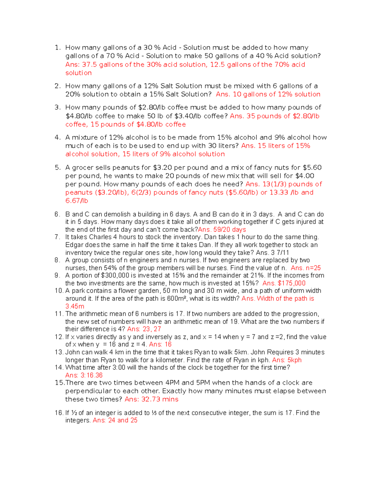 Algebra-1: Mixture and Rate Problems Notes - Studocu