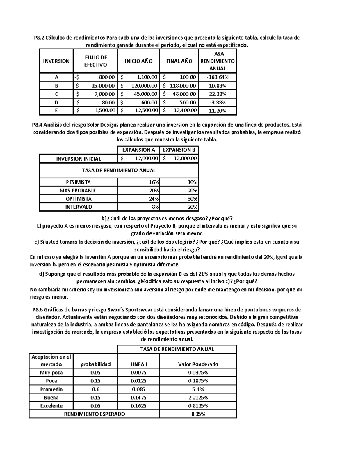 P8.2 Cálculos de Rendimientos y Análisis de Riesgos en Inversiones ...