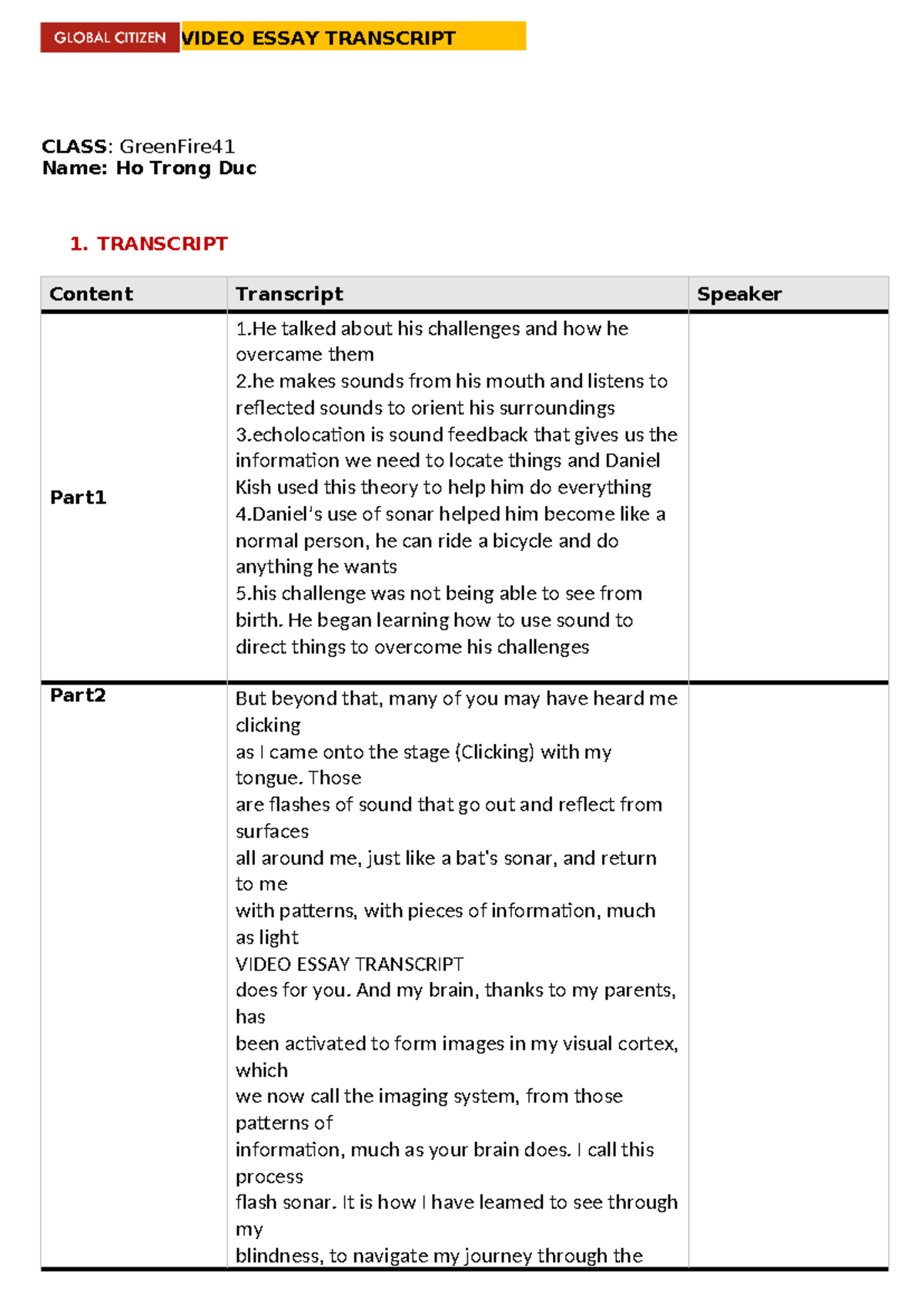 04 Greenfire 41 SE194191 Ho Trong Duc - VIDEO ESSAY TRANSCRIPT CLASS ...