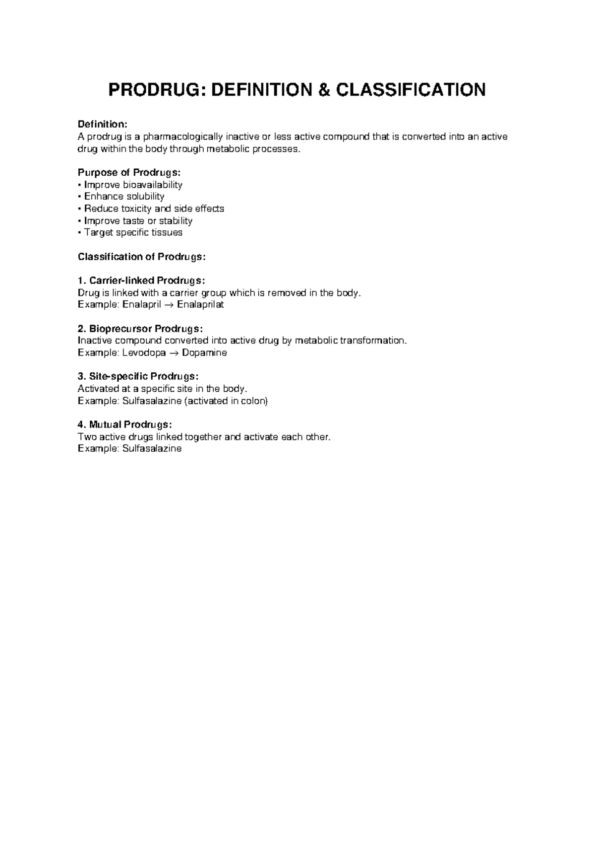 Prodrug Classification and Definition Notes - PHAR 101 - Studocu