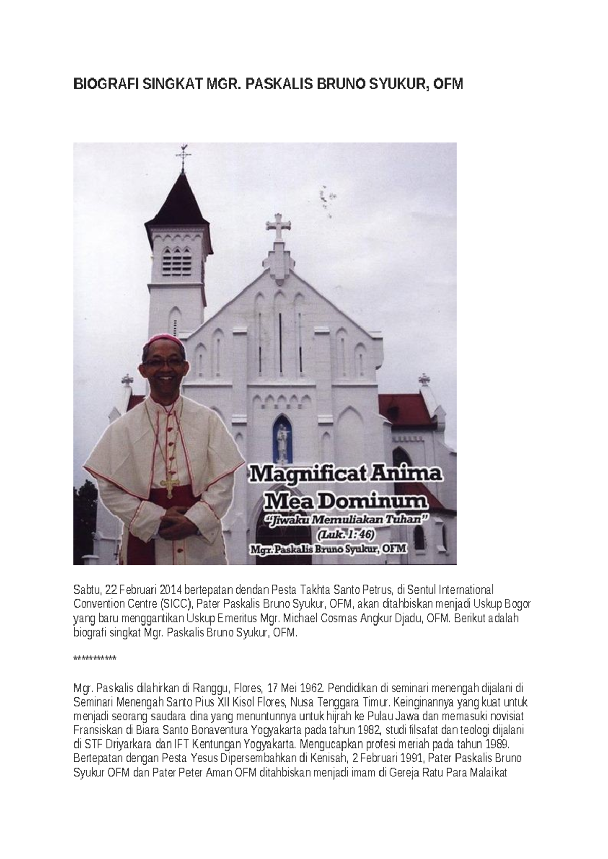 BIOGRAFI SINGKAT MGR. PASKALIS BRUNO SYUKUR, OFM - Studocu