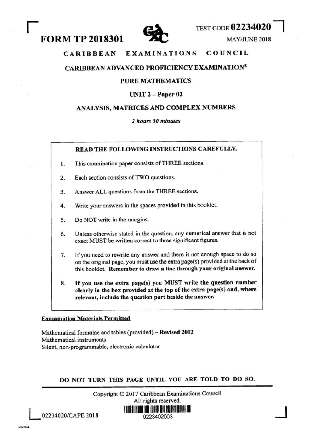 CAPE 2018 Pure Mathematics Unit 2 Paper 02 Exam Details - Studocu
