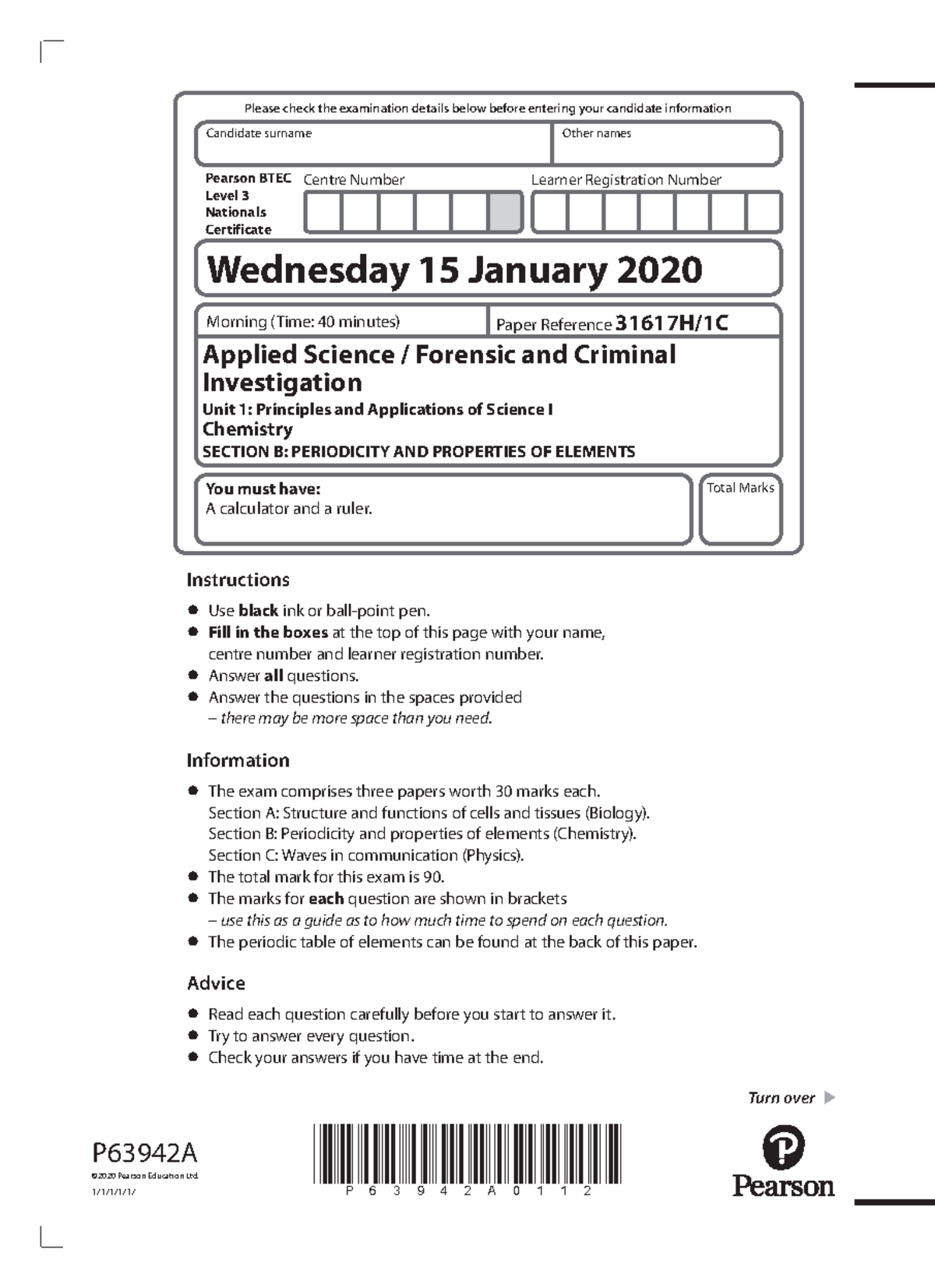 Jan 2020 Chem - BTEC Applied Science Unit 1 Exam Paper - Studocu