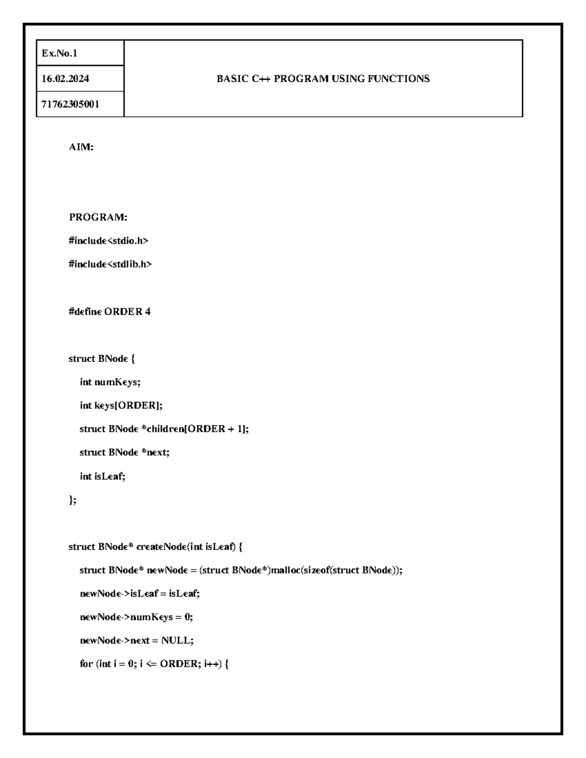 BASIC C++ PROGRAM USING FUNCTIONS - Ex.No.1 (71762305001) - Studocu