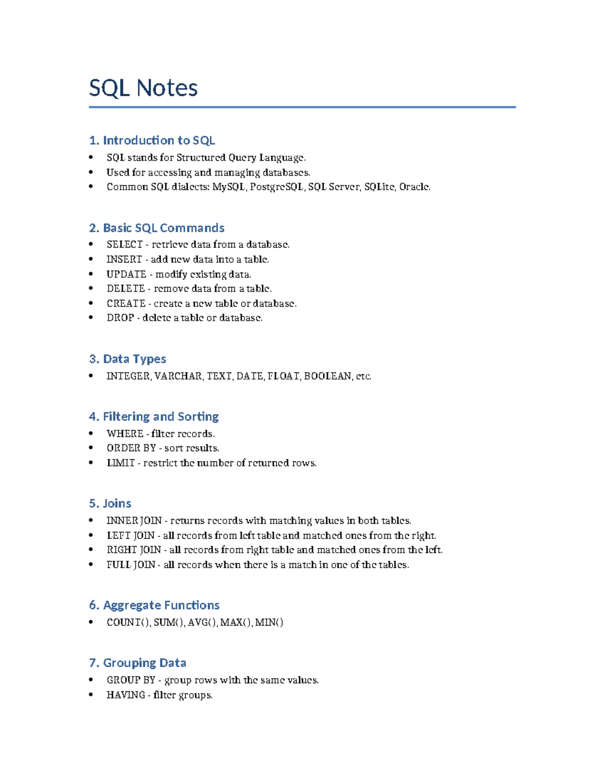 SQL Notes: Introduction to SQL and Basic Commands - Studocu