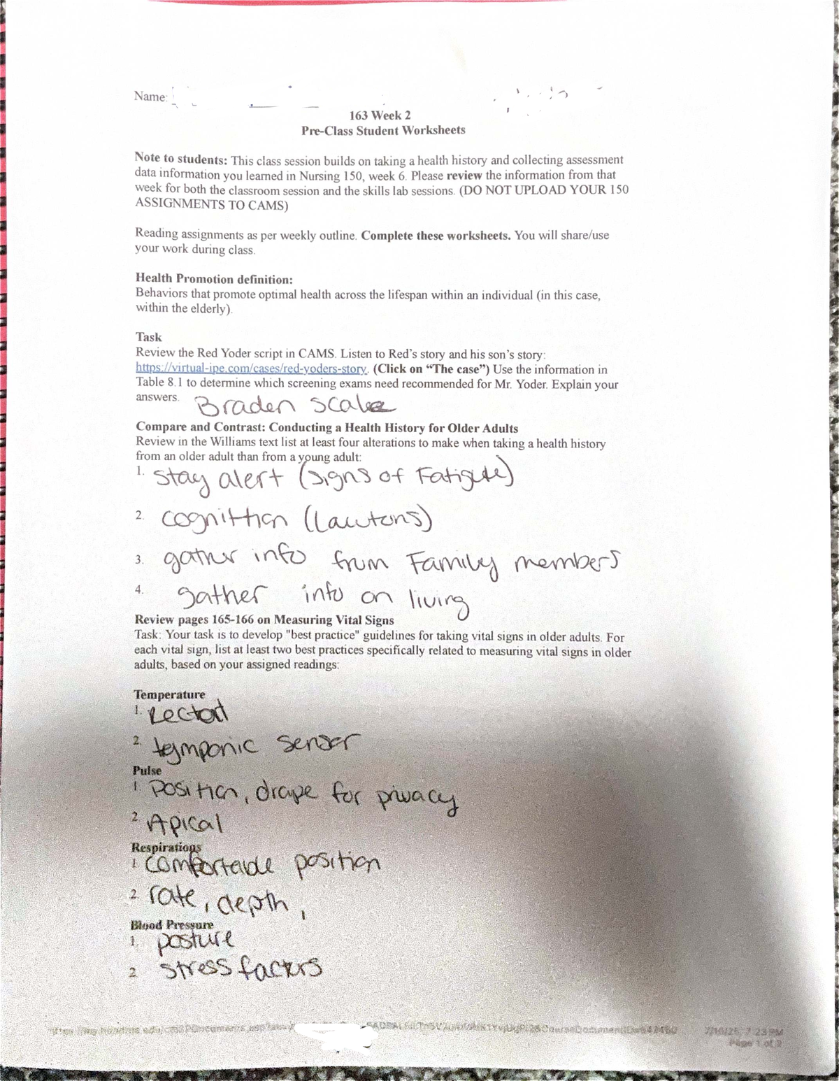 163 Nursing 150 Week 2 Worksheets: Health History & Vital Signs - Studocu