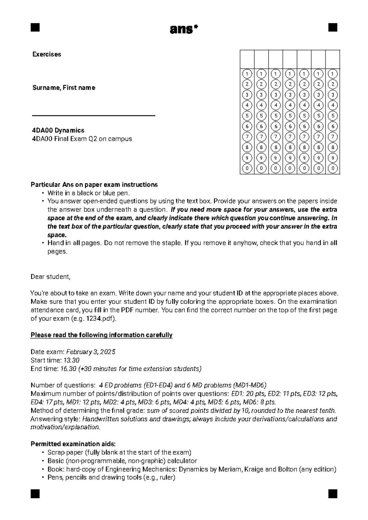 4DA00 Dynamics Final Exam Instructions and Answer Guidelines - Studeersnel