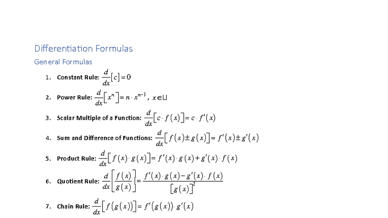 Differentiation Formulas: Key Rules and Derivatives - Studocu