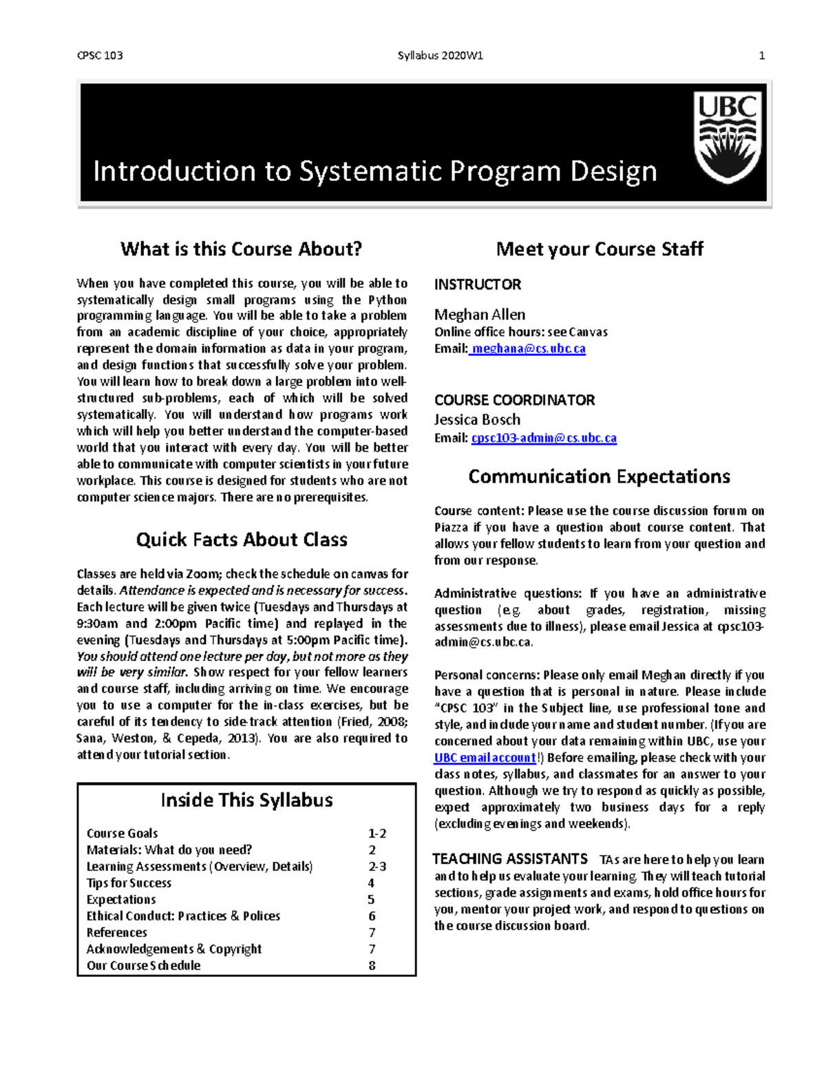 CPSC 103 Syllabus: Systematic Program Design Course 2020W1 - Studocu