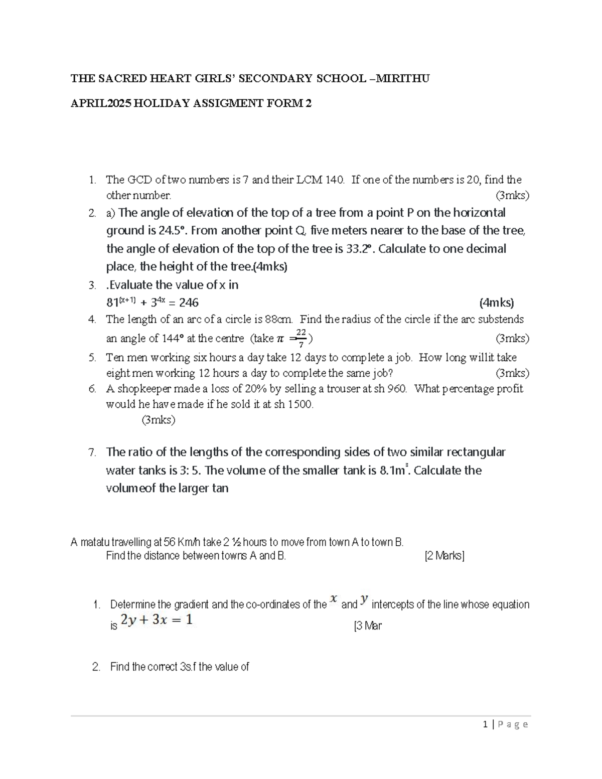 Mathematics Form 2 April 2025 Holiday Assignment Questions - Studocu