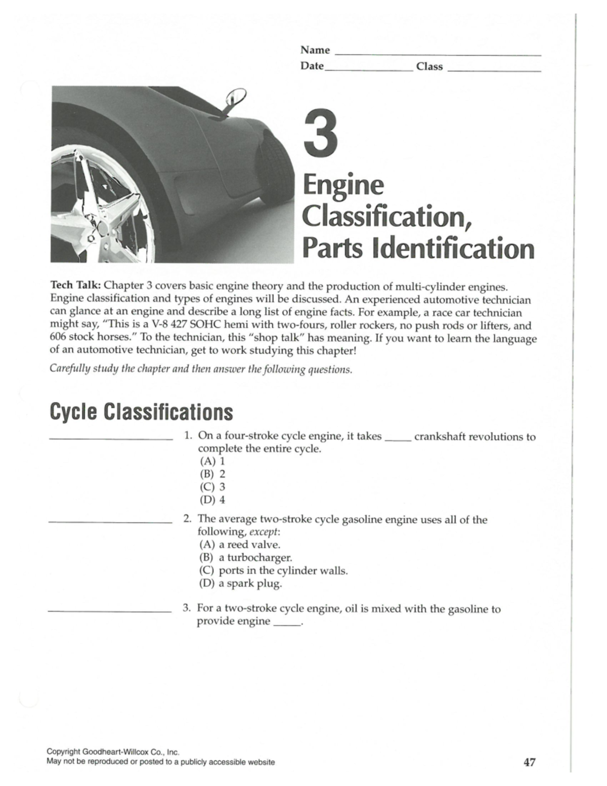Ch 3 WB - Engine Classification & Parts Identification Workbook - Studocu