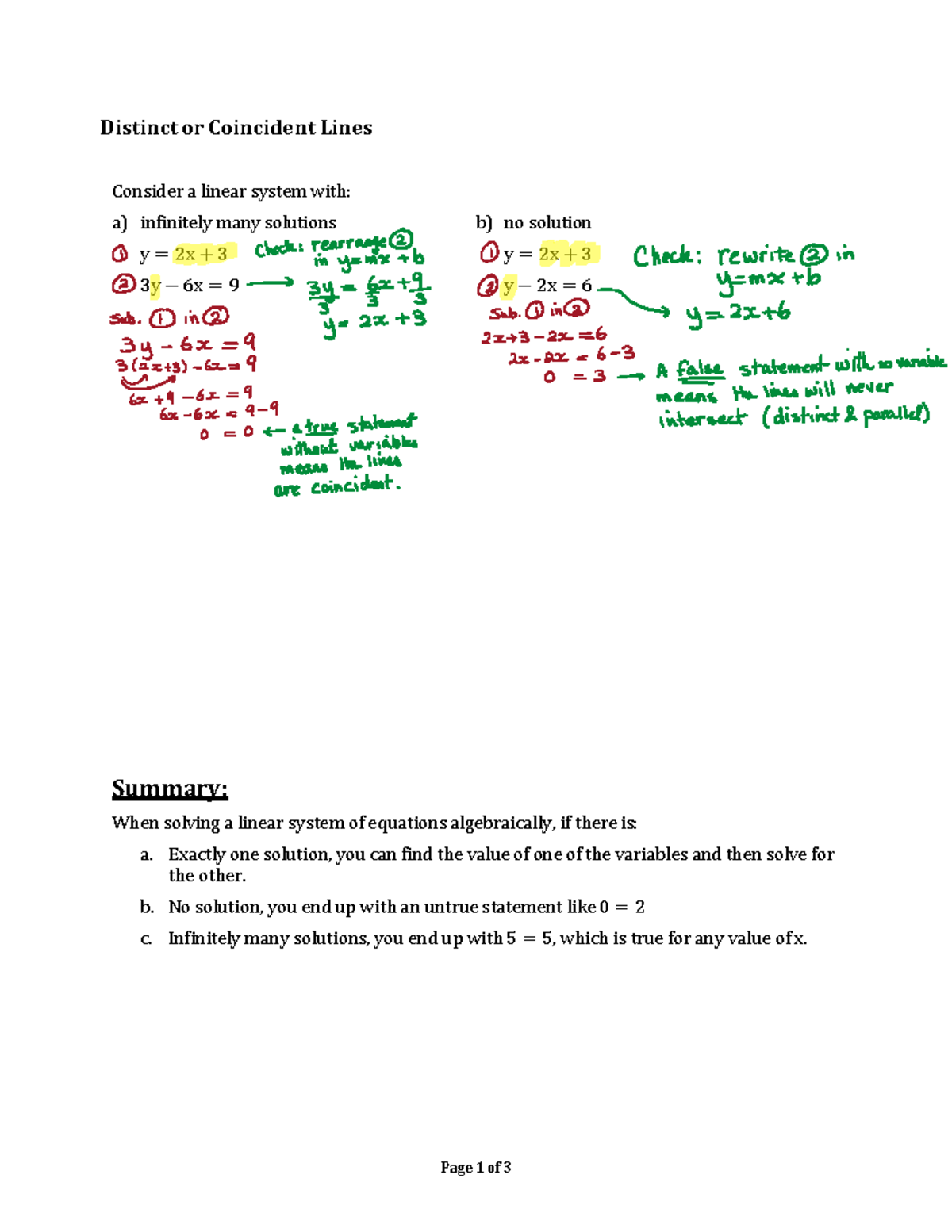 Lines - Page 1 of 3 Distinct or Coincident Lines Consider a linear ...