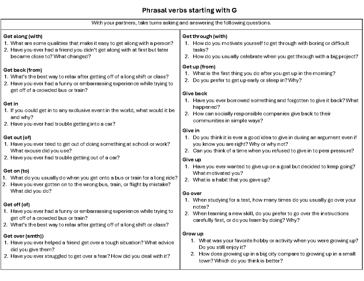 Questions Using Phrasal Verbs Starting with G - Studocu