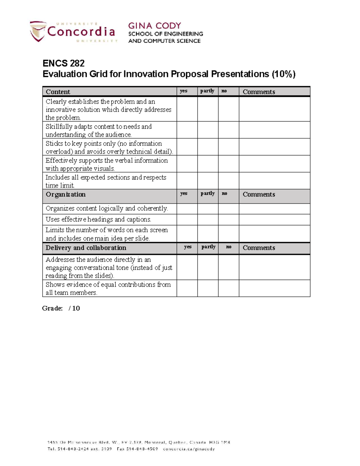 ENCS 282 Assessment Rubric for Innovation Proposal Presentations - Studocu