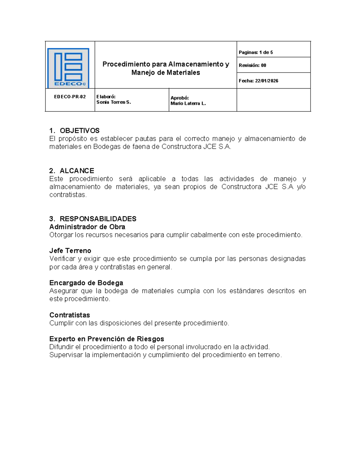 Procedimiento para Almacenamiento y Manejo de Materiales - PJCE - Studocu