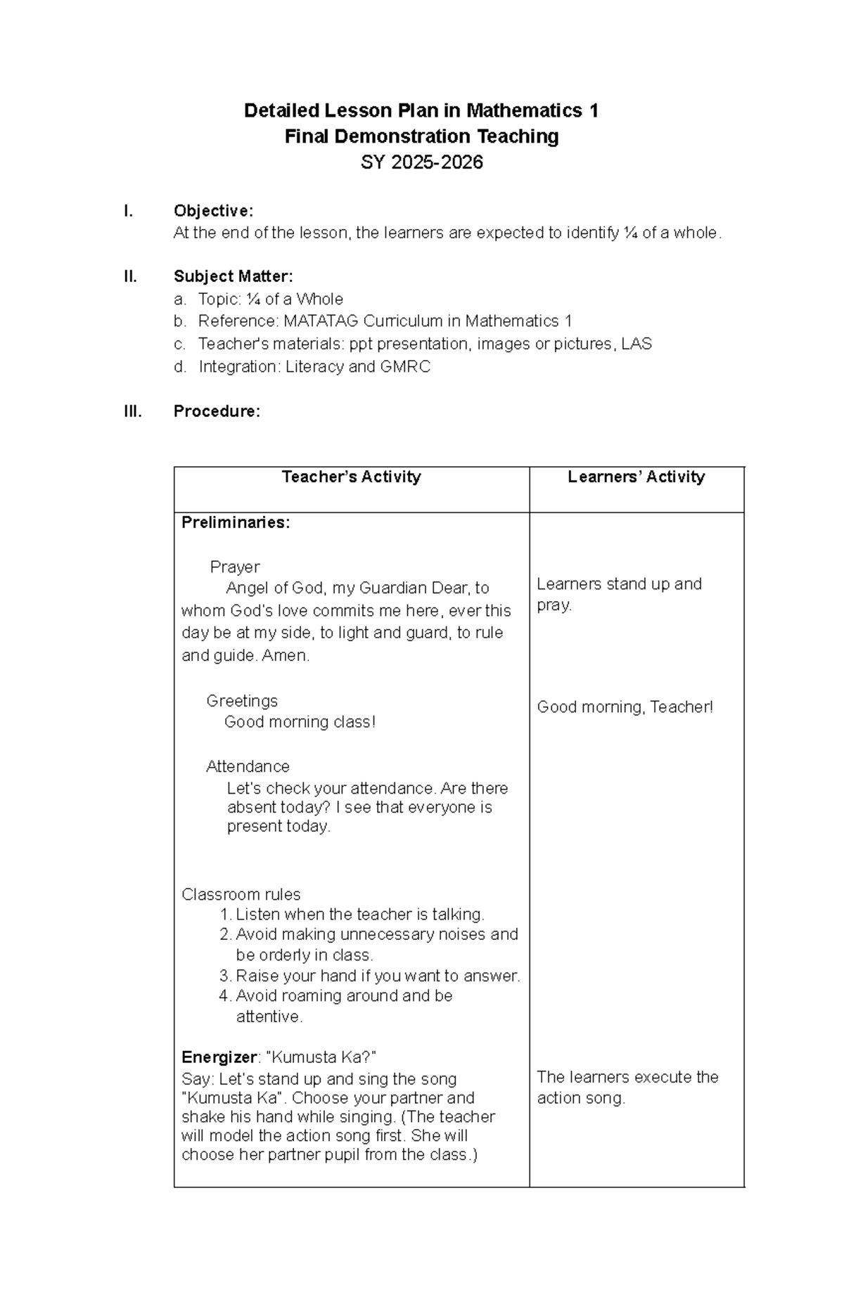 Mathematics 1 Lesson Plan: Understanding ¼ of a Whole - Final Demo ...