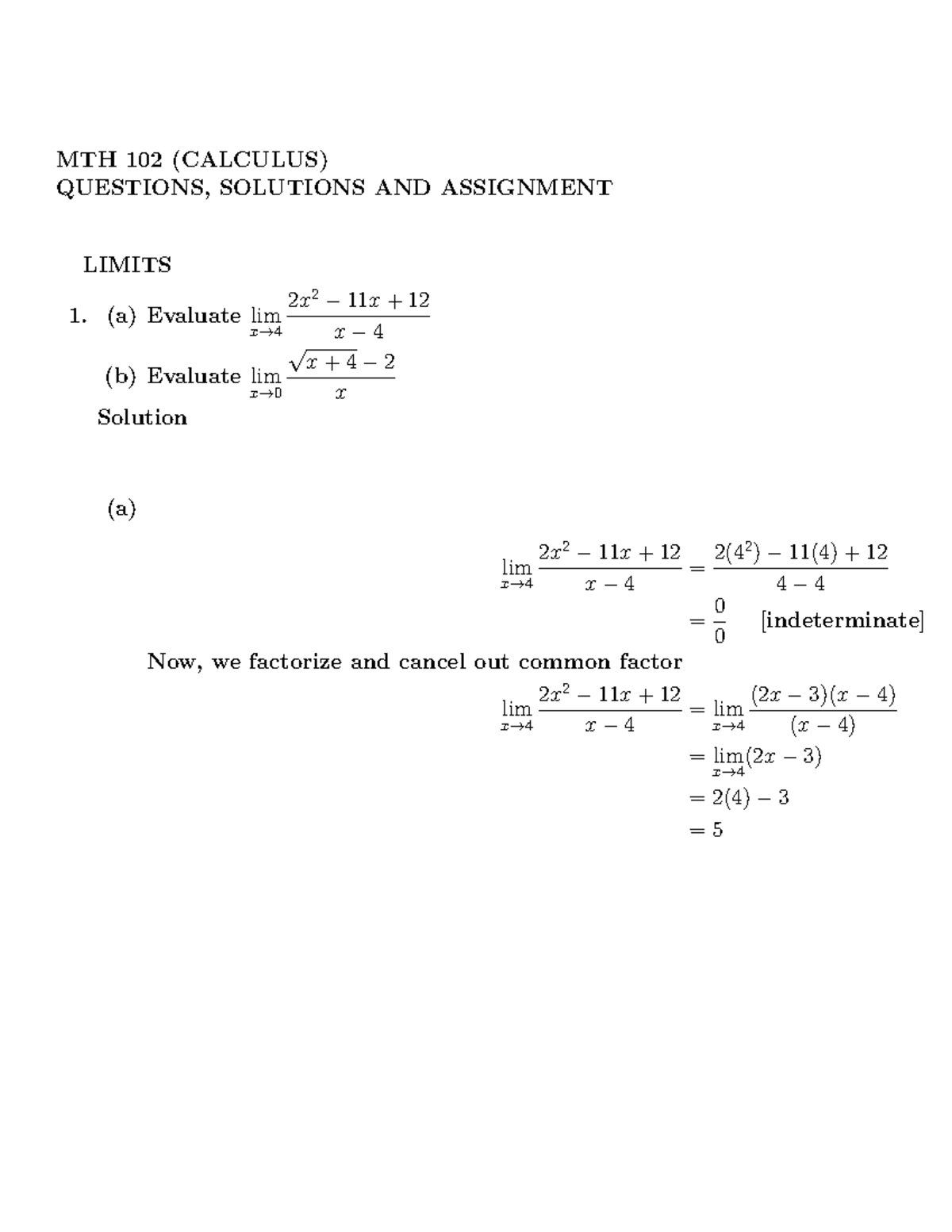 MTH 102 CALCULUS: Questions, Solutions & Assignment Limits Guide - Studocu