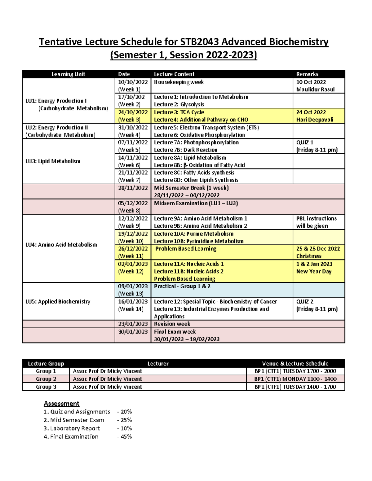 Lecture Schedule for STB2043 - Sem 1 2022-2023 - Tentative Lecture ...