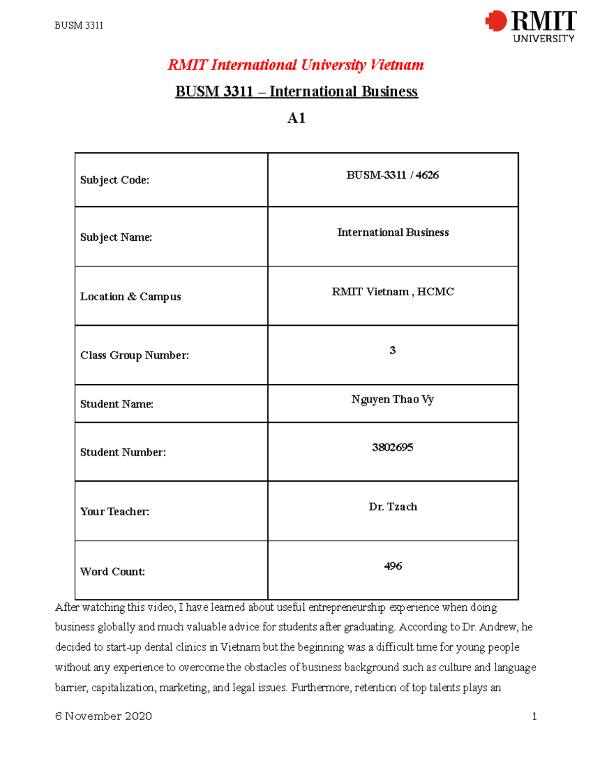 International busness assignemnt 1 - BUSM 3311 RMIT International ...