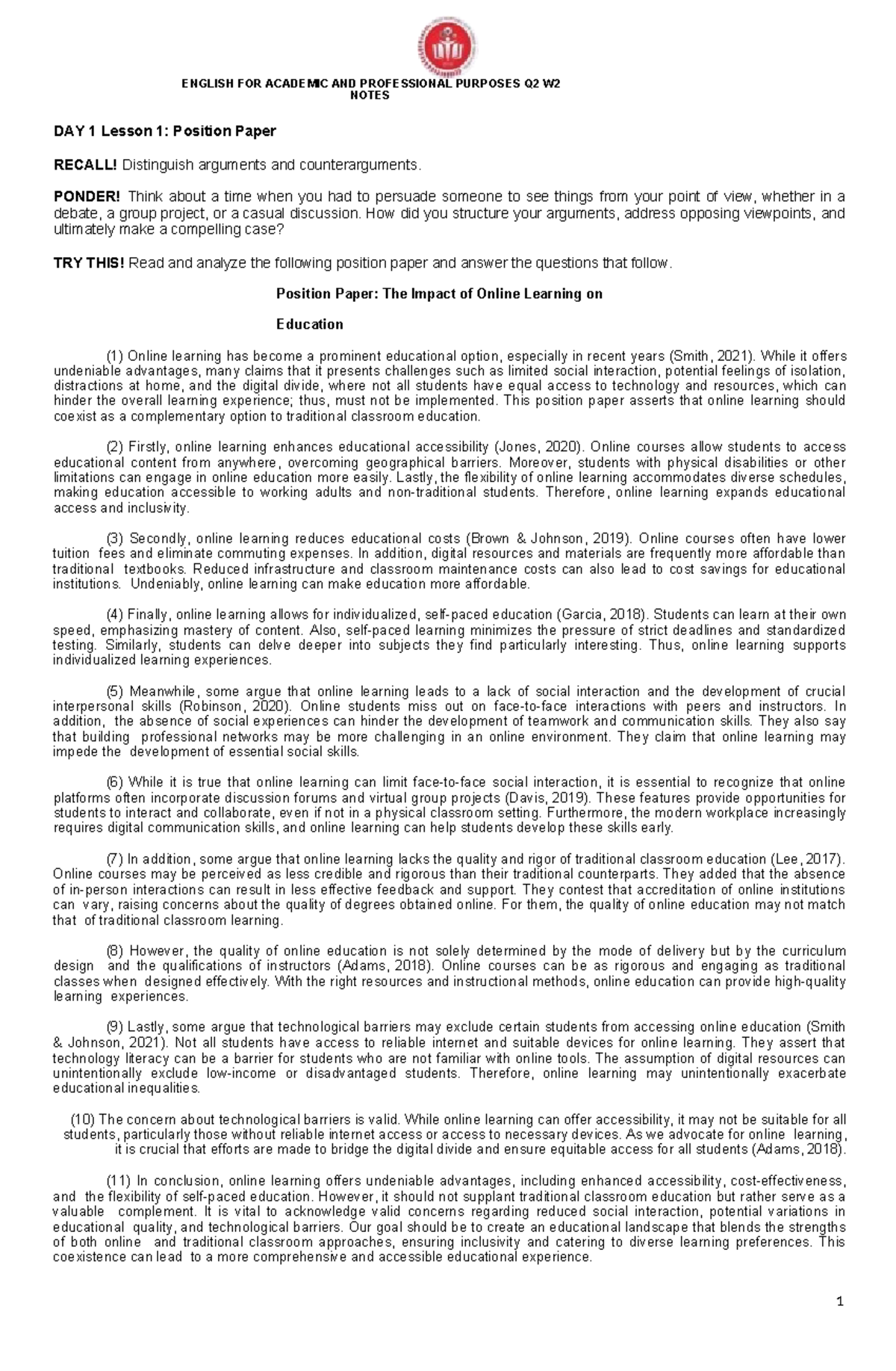 ENGLISH FOR ACADEMIC AND PROFESSIONAL PURPOSES Q2 W2 NOTES: Position ...