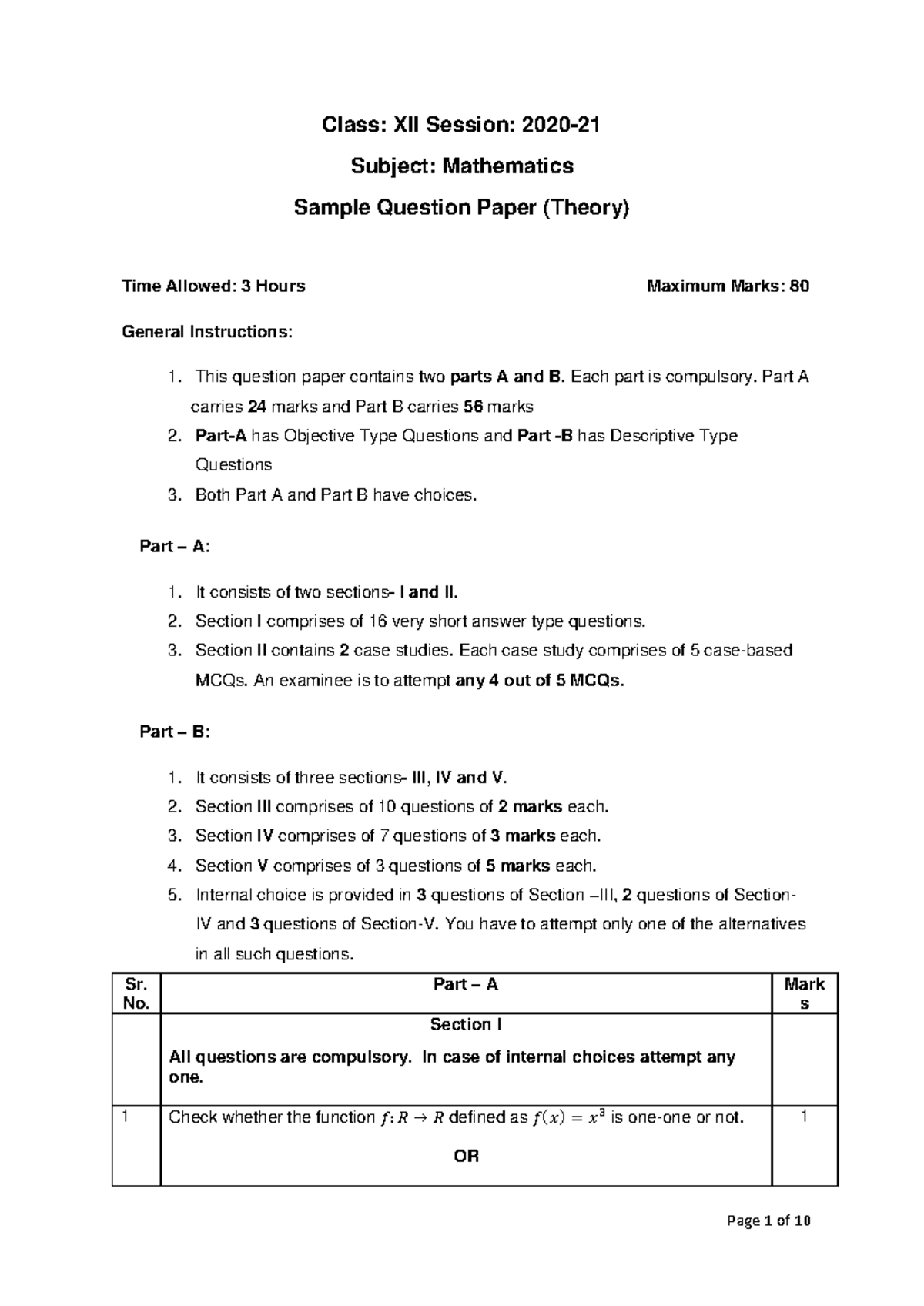 Mathematics Class XII Sample Question Paper (Theory) - 80 Marks - Studocu
