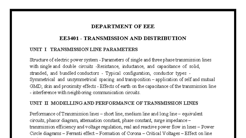 EE3401 Transmission and Distribution Syllabus: Key Concepts and Units ...