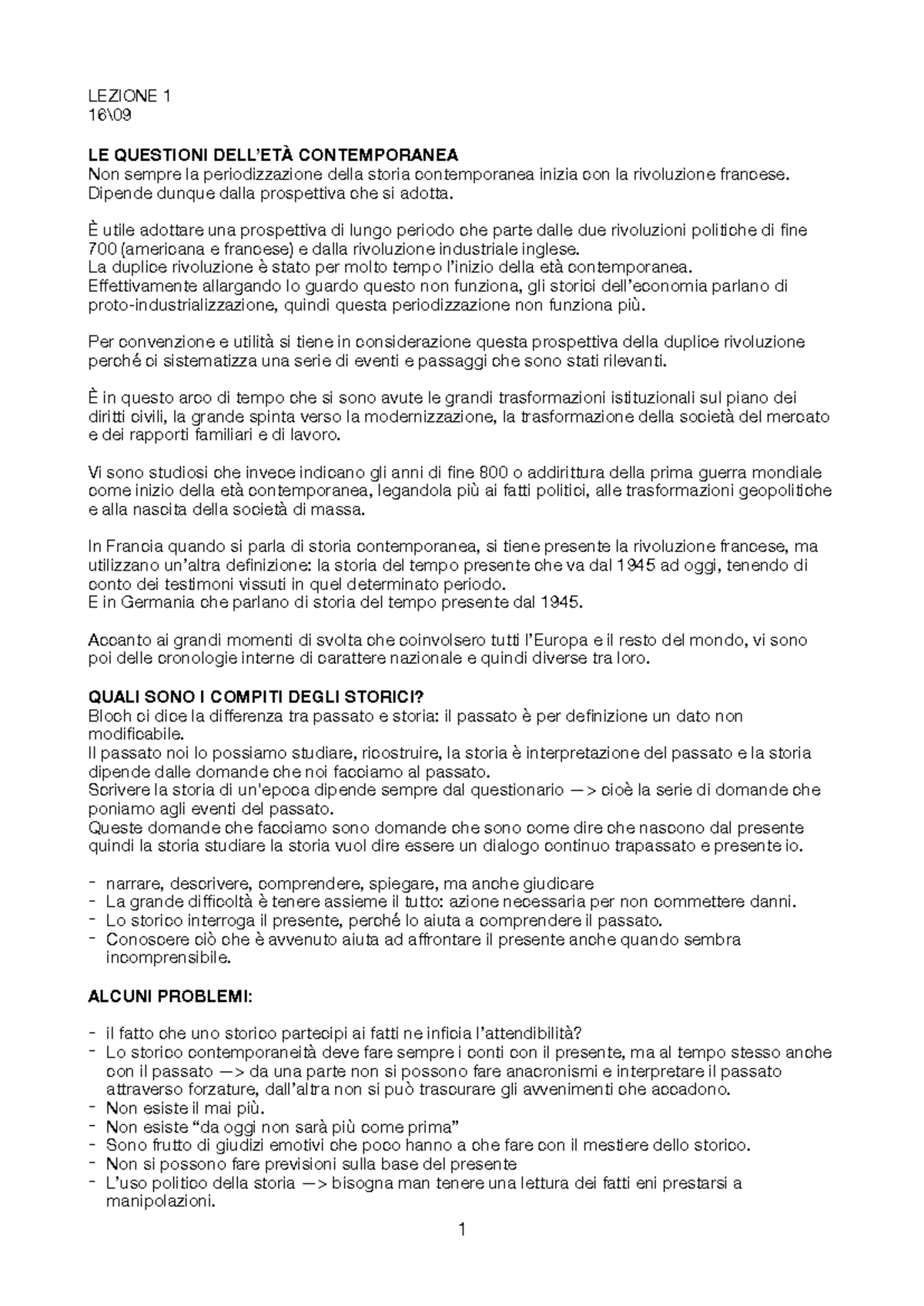 STORIA CONTEMPORANEA - LEZIONE 1: LE QUESTIONI CONTEMPORANEE - Studocu