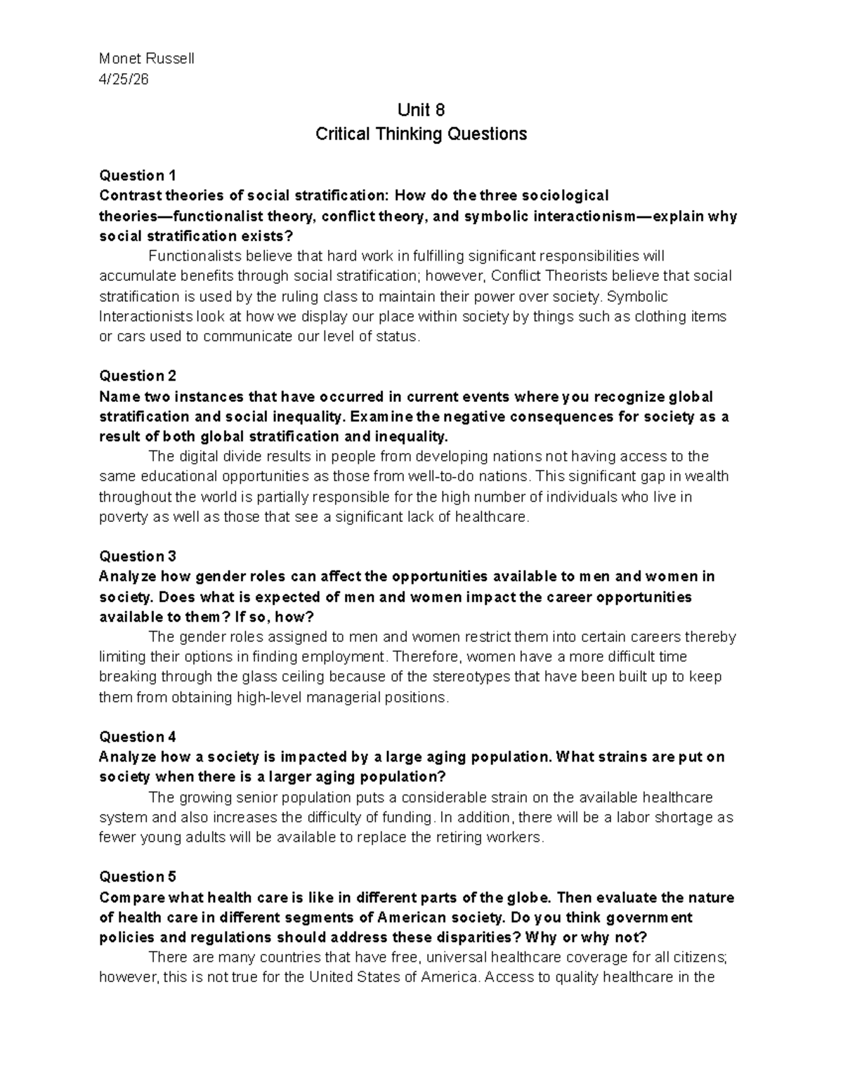Unit 8 Critical Thinking Questions on Social Stratification and ...