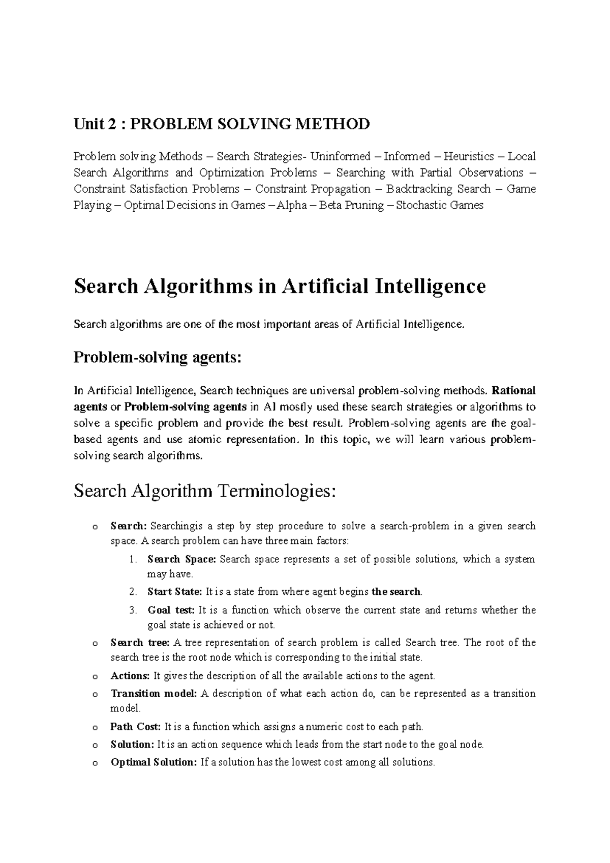 AI Notes: Unit 2 - Problem Solving Methods & Search Algorithms - Studocu
