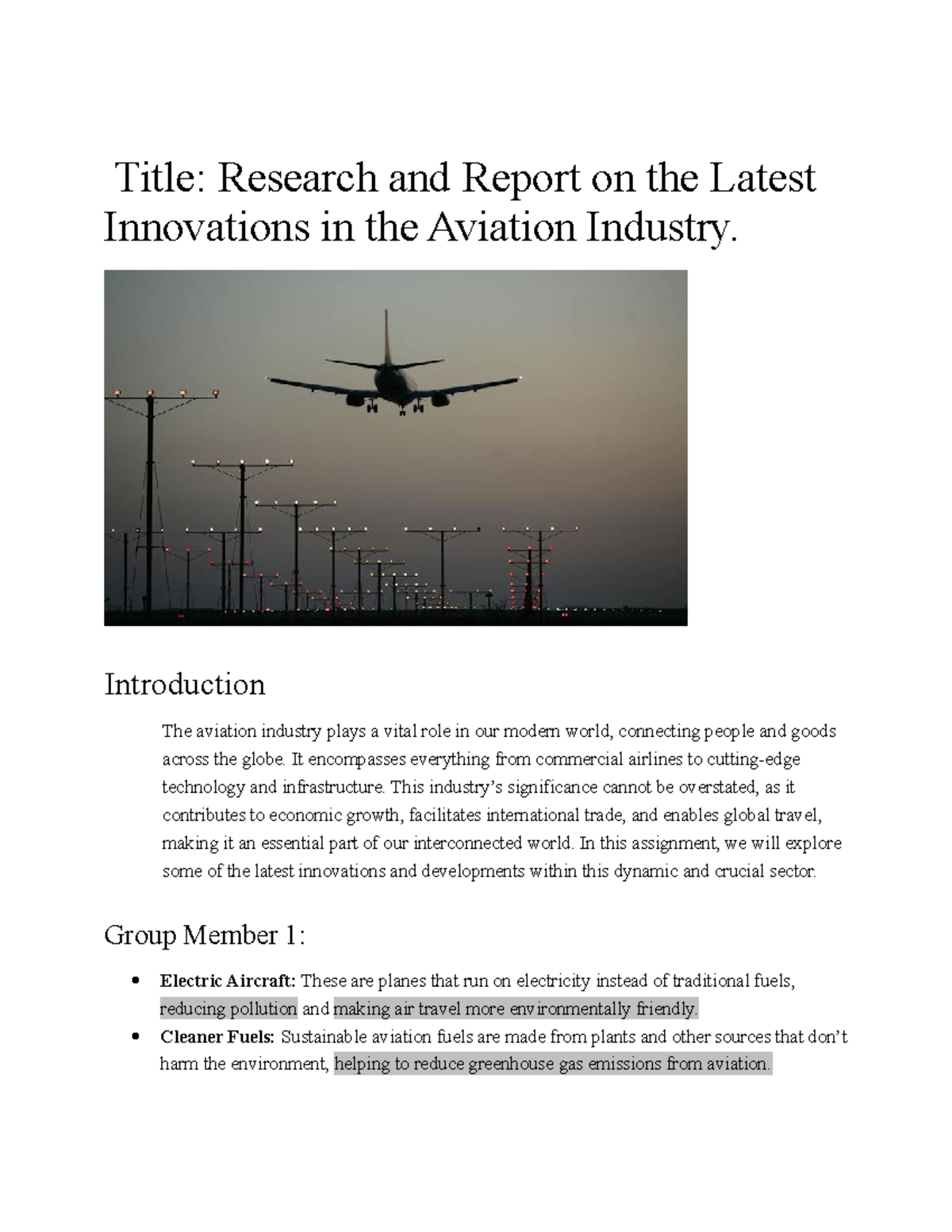 Research Assignment: Latest Innovations in Aviation Industry - Studocu