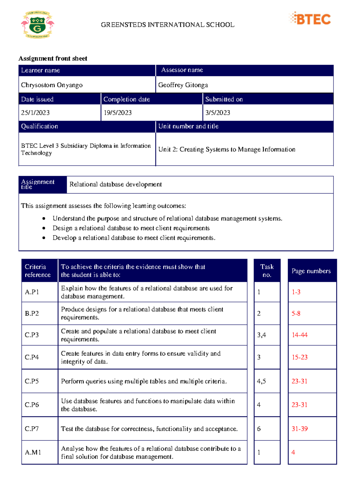 BTEC Level 3 IT Unit 2: Relational Database Development Report - Studocu