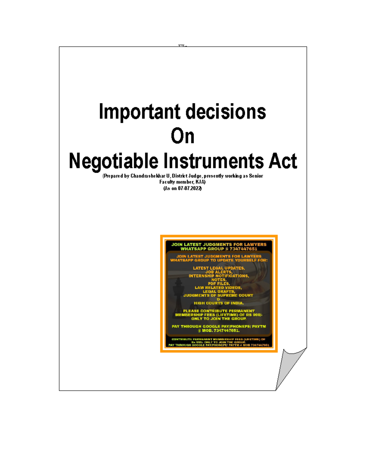 Negotiable Instruments Act Notes - FIn F Important decisions On ...