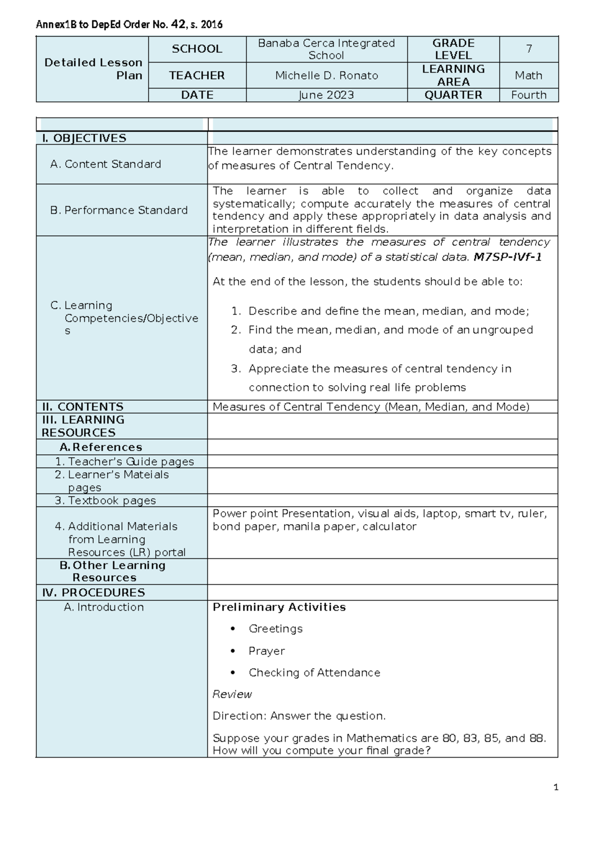 COT Math 7 BCIS - l'mm,, - Detailed Lesson Plan SCHOOL Banaba Cerca ...