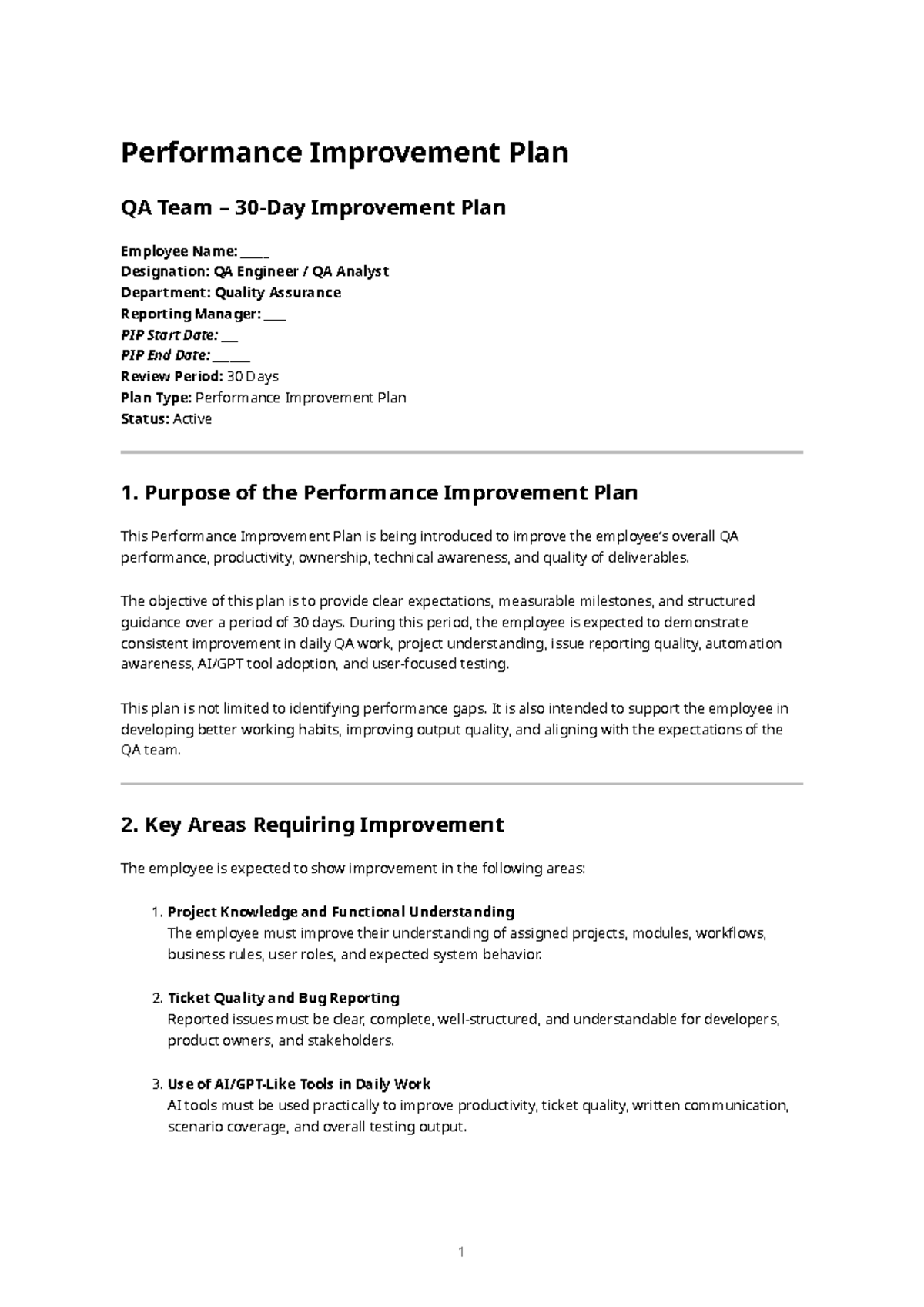 Performance Improvement Plan for QA Team (PIP) - 30 Days - Studocu
