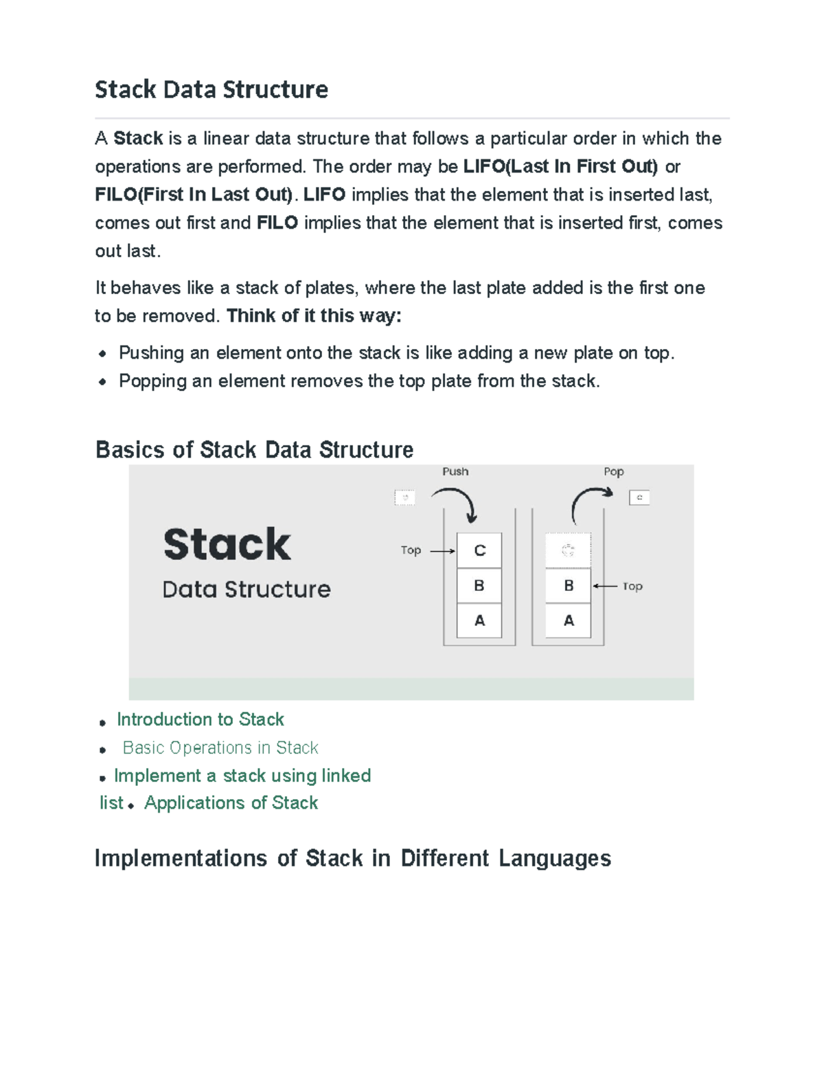 CS101: Comprehensive Notes on Stack Data Structure Concepts - Studocu