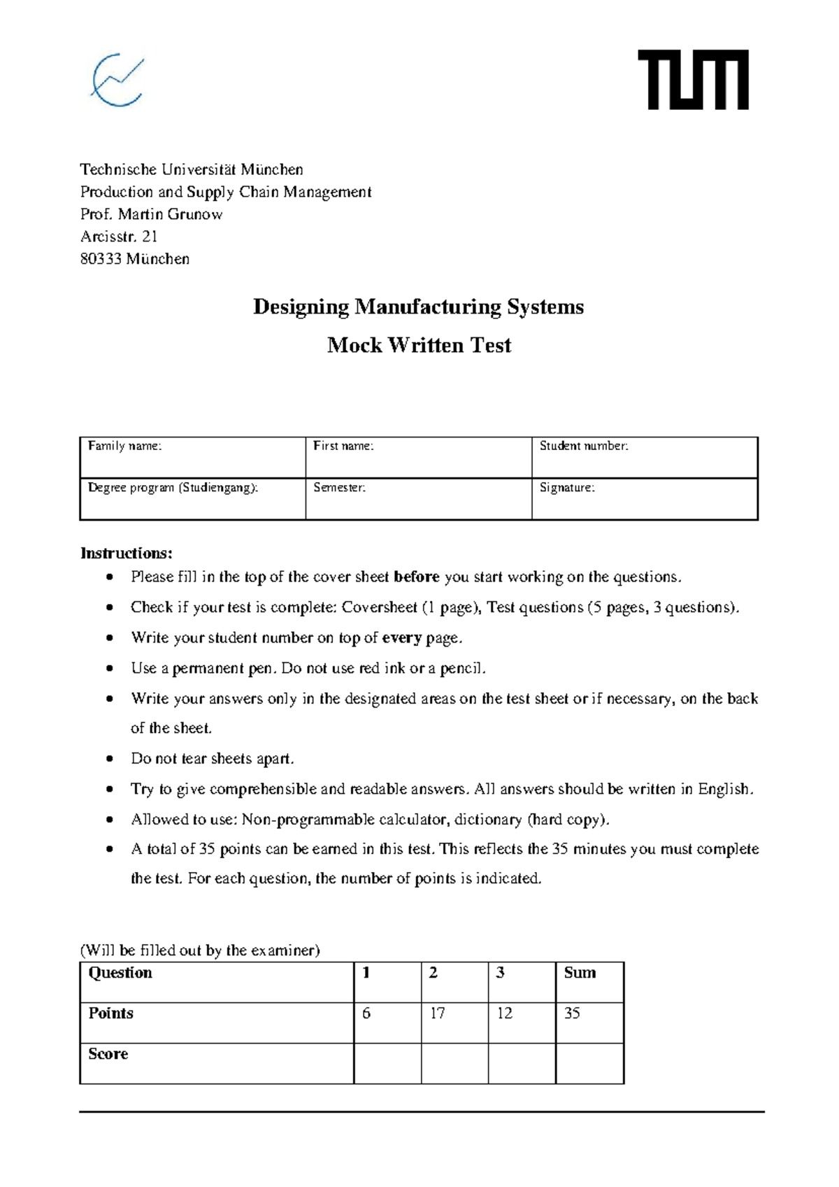 Design Mock Exam - Production & Supply Chain Management (TUM) - Studocu