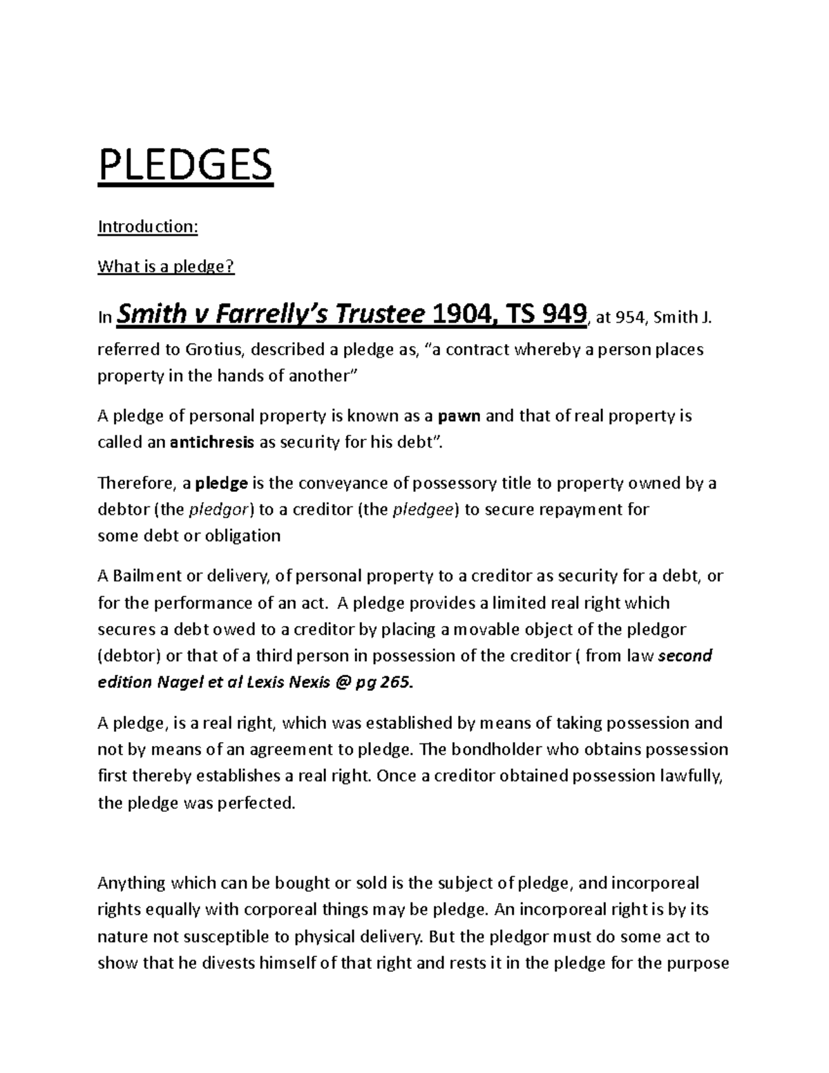 PLEDGES - Notes on Pledge and Legal Principles (TS 949) - Studocu