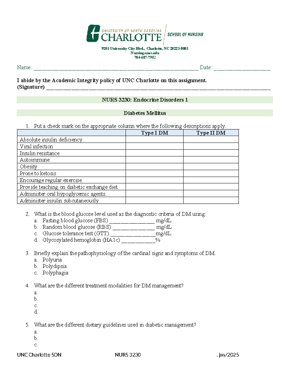 NURS 3230: Assignment on Endocrine Disorders 1 - Diabetes Mellitus ...