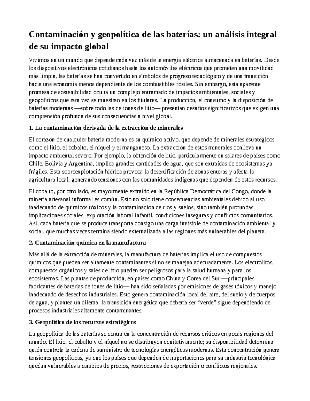Contaminación y Geopolítica de las Baterías: Análisis Integral Global ...