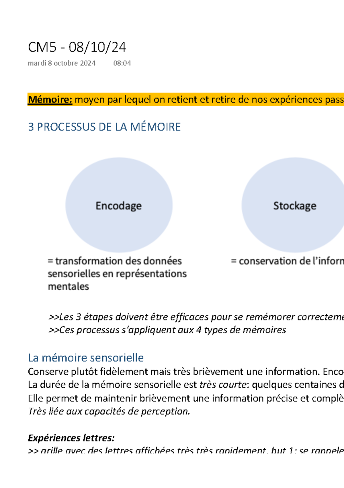 Notes de CM5 sur les processus de la mémoire en psychologie - Studocu