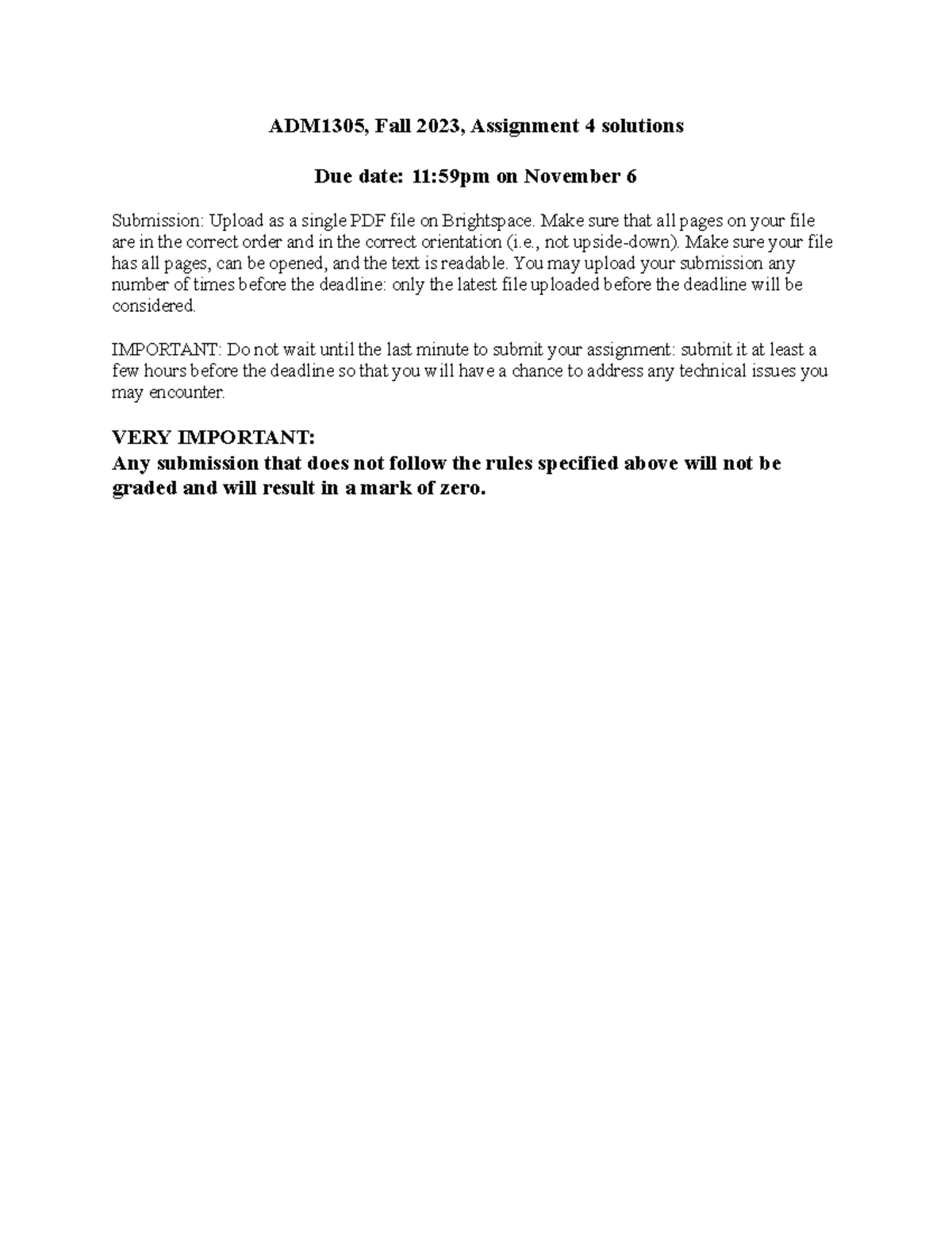 ADM1305 2024 Assignment 4 solutions - ADM1305, Fall 2023, Assignment 4 ...
