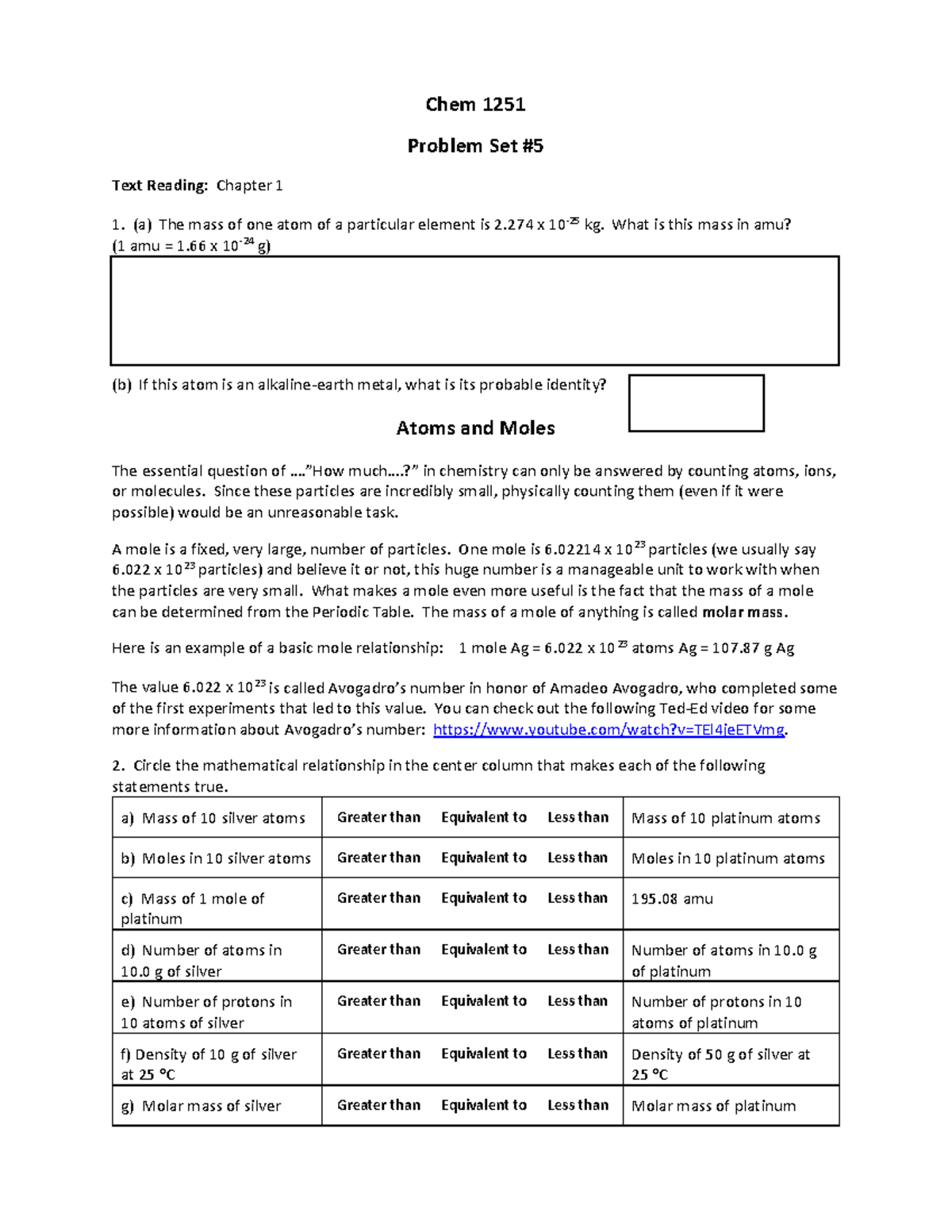 PS 05 Tro Chapter 1-1 - Practice Problems - Chem 1251 Problem Set # 5 ...